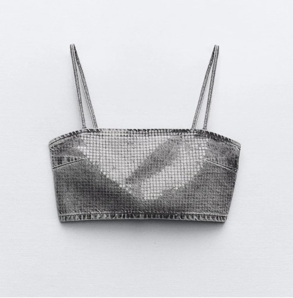 ZARA | Women's Grey TRF Sequined Fil Denim Crop Top NWOT - Picture 4 of 11
